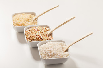 Row rice in three variation - white, integral and yellow
