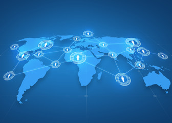 world map projection over blue background