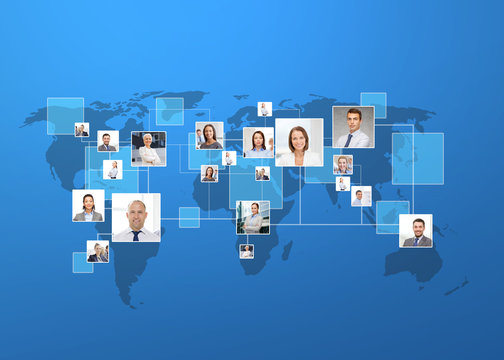 pictures of businesspeople over world map