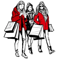 Papier Peint photo autocollant Art Studio Trois jeunes femmes à la mode shopping