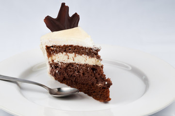 Slice of cake with chocolate and whipped cream with white chocol