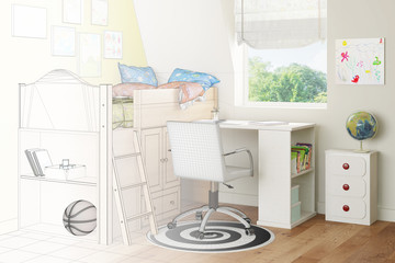 Kinderzimmer mit Bett und Schreibtisch als Skizze