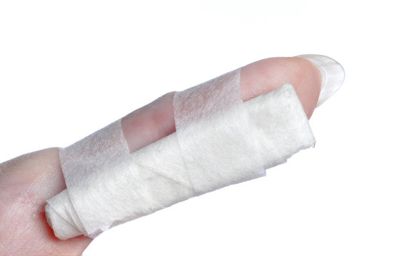 closeup injured woman thumb with splint