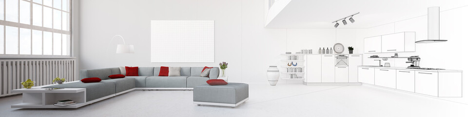 Panorama mit Wohnzimmer und Wohnküche