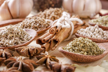 display of spices and cutting board