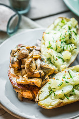 Grilled chicken with mushrooms and baked potatoes
