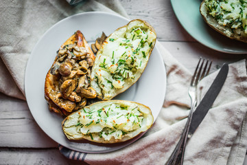 Grilled chicken with mushrooms and baked potatoes