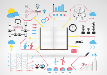 open empty book with blue red infographic icons