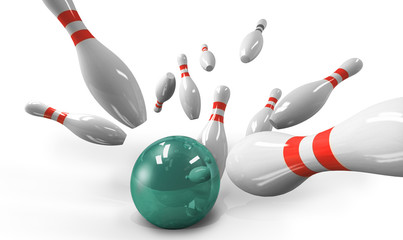 scattered skittle and bowling ball on white background © adimas