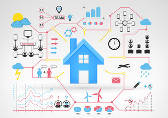 Fototapeta na wymiar real estate house with blue red infographic icons