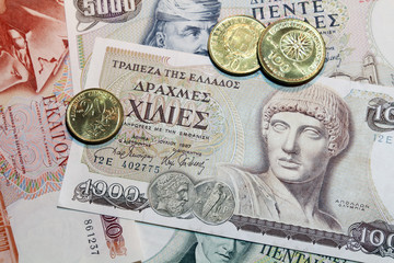 old greek drachmes banknotes and coins
