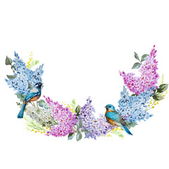 Naklejka na ściany i meble Lilac wreath and birds