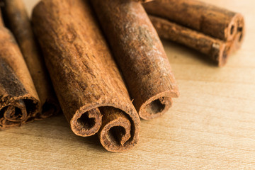 Close up and selective focus on the edge of Cinnamon sticks
