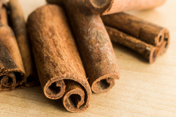 Close up and selective focus on the edge of Cinnamon sticks