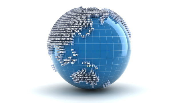 3d animation of a spinning globe with binary code