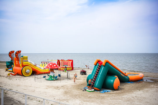 Russia, 19 august 2014, Inflatable playground on the beach