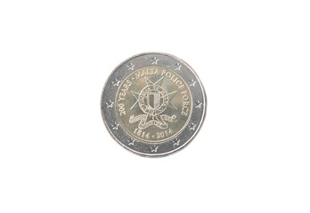 Commemorative 2 euro coin of Malta minted in 2014 over white
