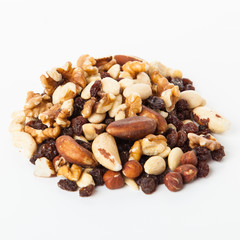 Mix of nuts close up on white.  mixed nut