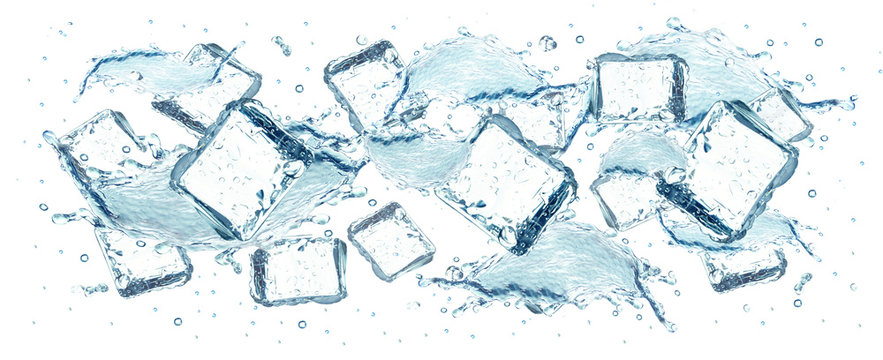 water and ice cubes splash