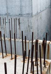 Grey concrete blocks with reinforcing bars
