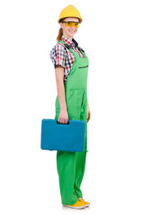 Woman with toolkit isolated on white