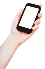 hand holds mobile phone isolated