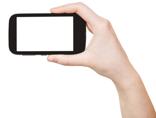 hand holding touchscreen phone isolated