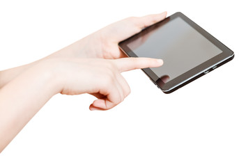 girl holding and touching touchpad screen isolated