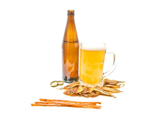 fish appetizer and glass of light beer