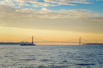 Fototapeta na wymiar New York Harbor with Verrazano Bridge in Background at Dawn