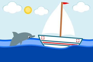 Boat in the sea and the smiling dolphin