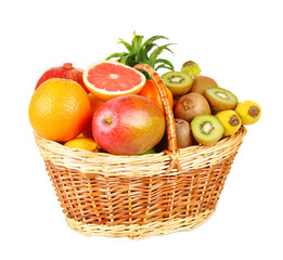 Assortment of fruits in basket isolated on white