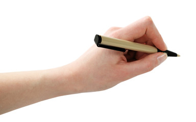 Male hand with pen isolated on white