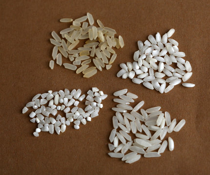 different types of rice on brown background