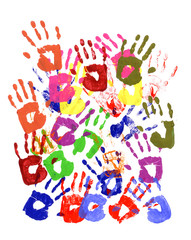 large group or crowd of child hand prints white background