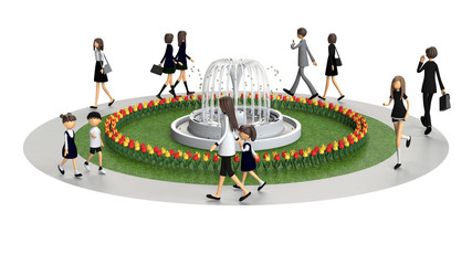 公園を歩く人々の3D-CG