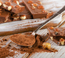 Cocoa Powder and Chocolate on a wooden table