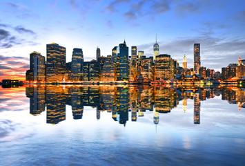Reflection of Manhattan skyline at twilight