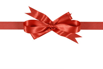 Red gift ribbon and bow straight horizontal isolated white background birthday christmas present photo