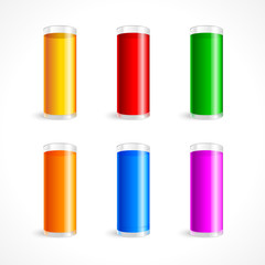 A set of glasses with liquids of different colors