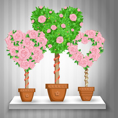 set of trees with roses and hearts in pots
