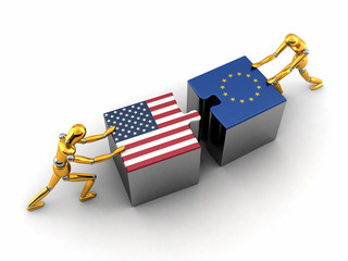 Political or financial concept of the USA struggling with the EU