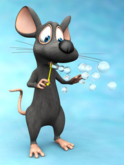 Cute cartoon mouse blowing soap bubbles.