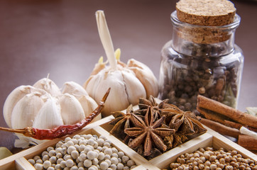 Fototapeta na wymiar white wooden frame collection of spices