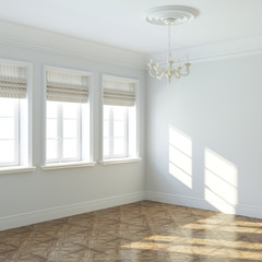 Fototapeta na wymiar New big empty interior design with retro chandelier and windows