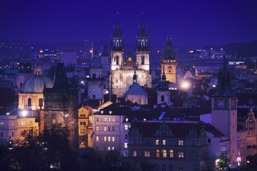 Aerial view of Prague at night