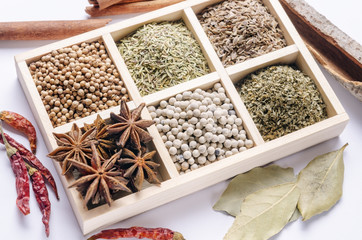 top-view six-blocks wooden frame collection of spices