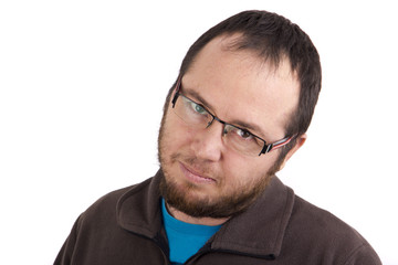 portrait of handsome young man wearing glasses against white bac