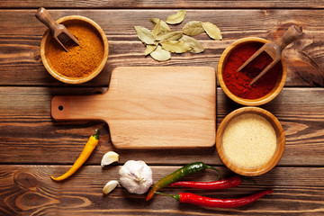 Assortment of spices on a wooden table