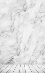 Backdrop stone wall (marble) and wood slabs in perspective.